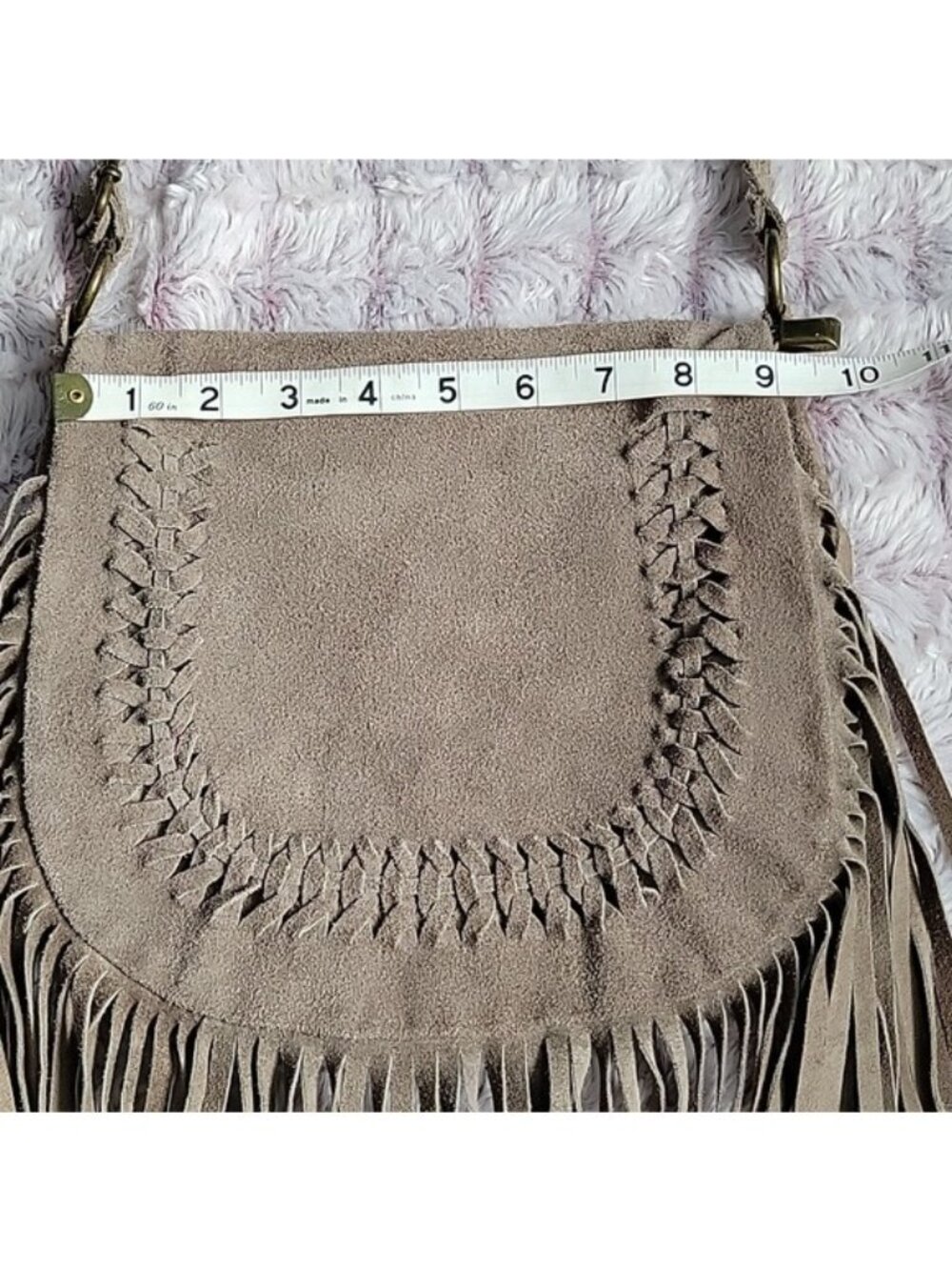 Vimoda Paris Taupe Suede Split Leather Western Fringe Boho Festival CrossbodyBag - Picture 3 of 15